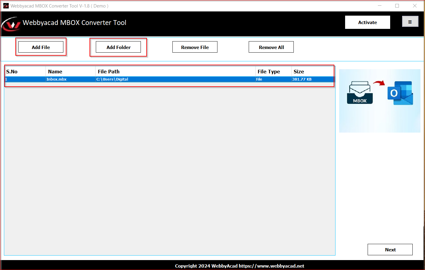 screenshot of MBOX Converter Tool
